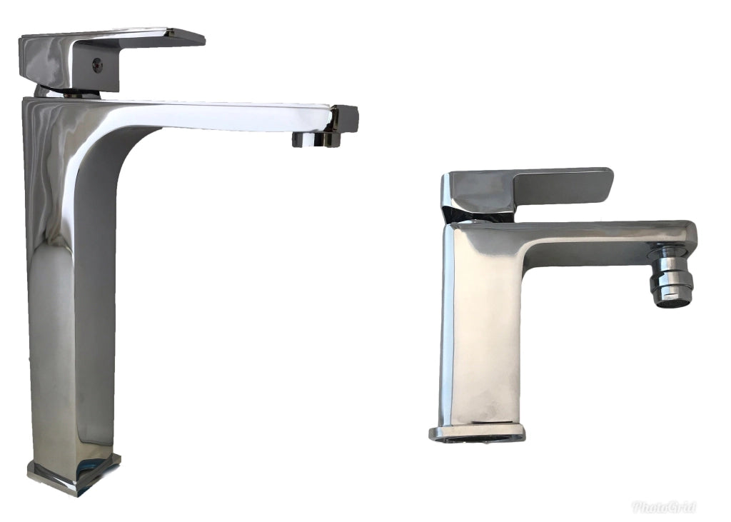 Rubinetteria serie completa miscelatori bagno lavandino appoggio e bidet squadrati