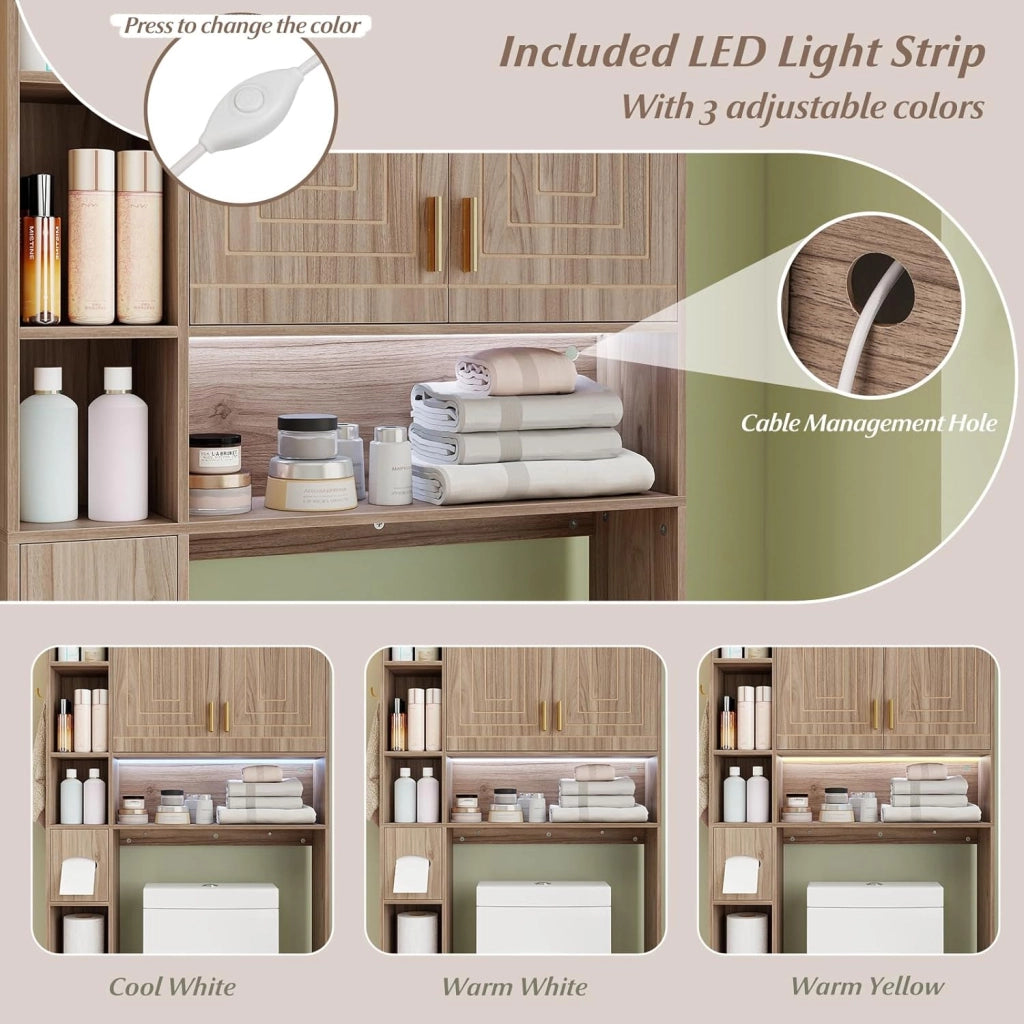 Mobile su WC con striscia luminosa, armadio da bagno con porte, ripiani aperti, supporto per carta igienica e gancio laterale, 80 x 20 x 171 cm, scaffale di stoccaggio (Grigio)