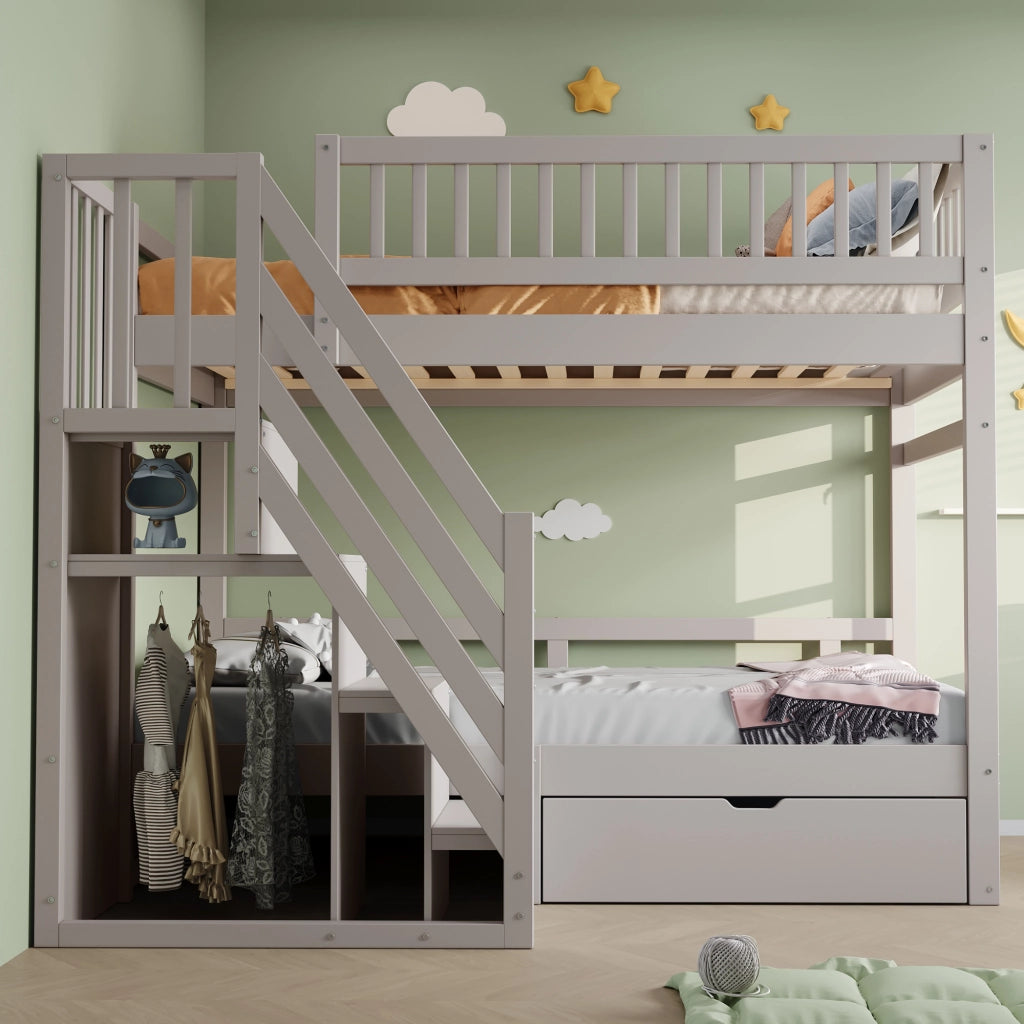 LETTO A CASTELLO 90x200 cm In Legno Grigio con Scala Contenitore e Cassetti