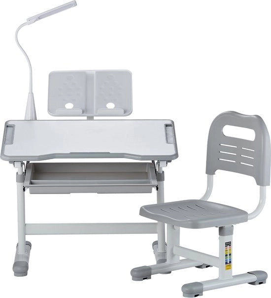 Set di Scrivania e Sedia per Bambini - Con Lampada e Piastra Reclinabile - Ideale per la Stanza da Letto - Grigio