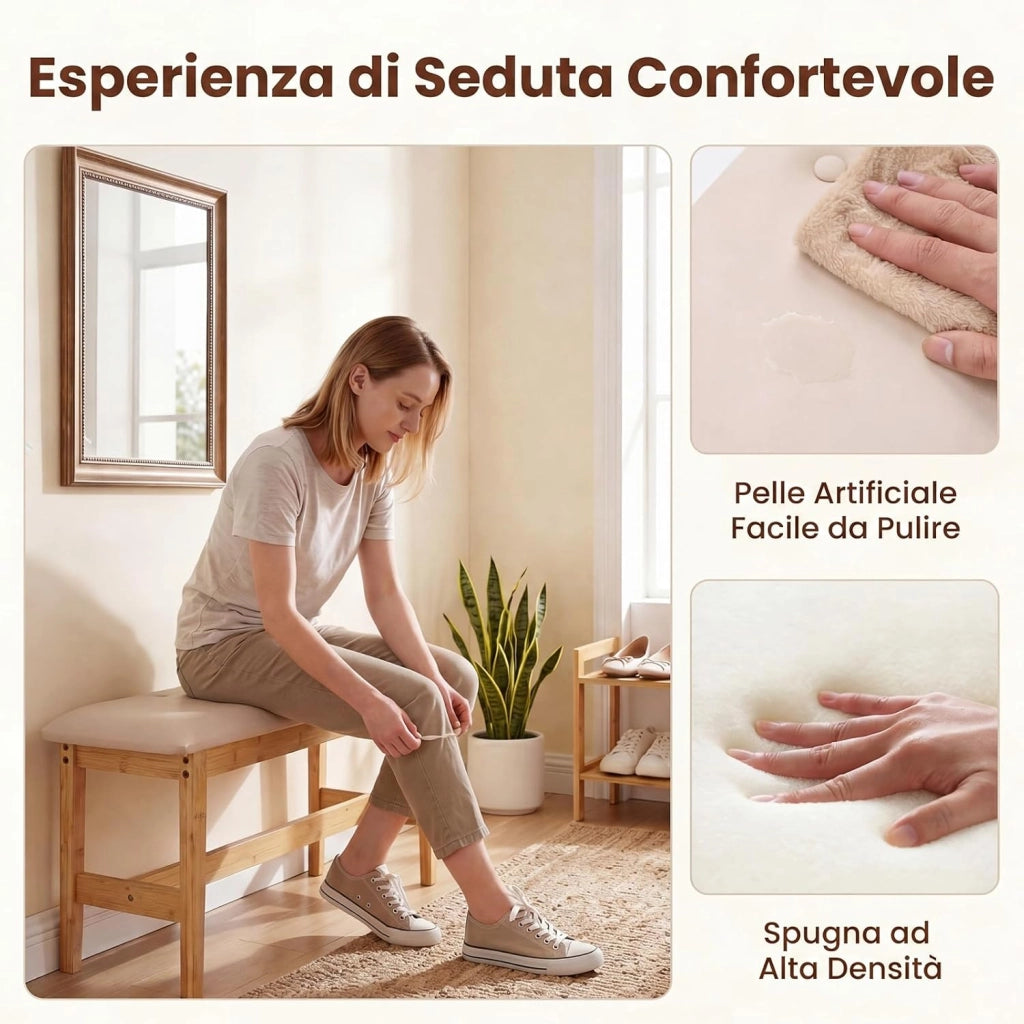 Panca in Bambù da Interno, Panca Multiuso a 2 Posti con Comodo Cuscino di Seduta in Pelle Sintetica, Traversi Rinforzati e Piedini Antiscivolo, per Ingresso, Camera da Letto e Soggiorno