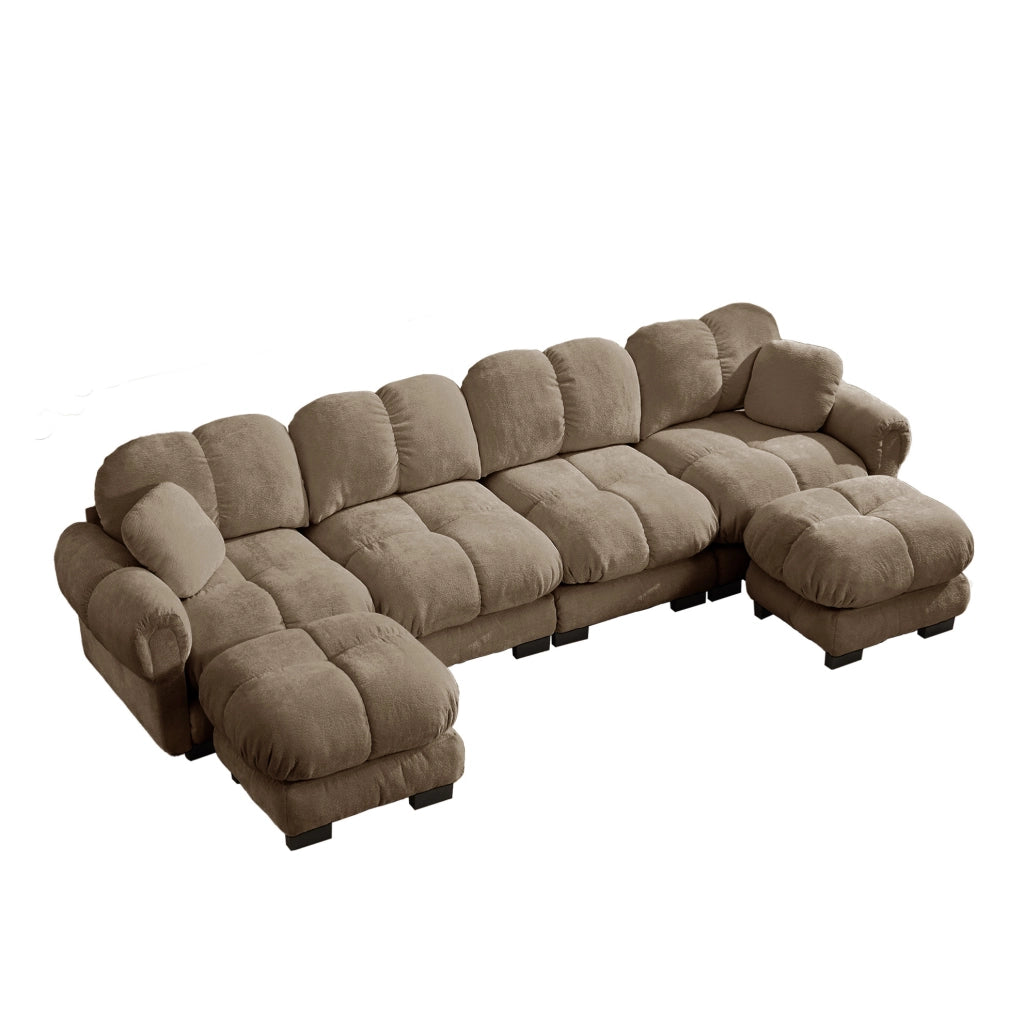 Divano modulare a U 4 posti con 2 pouf mobili in chenille; 330x149x90 cm; marrone