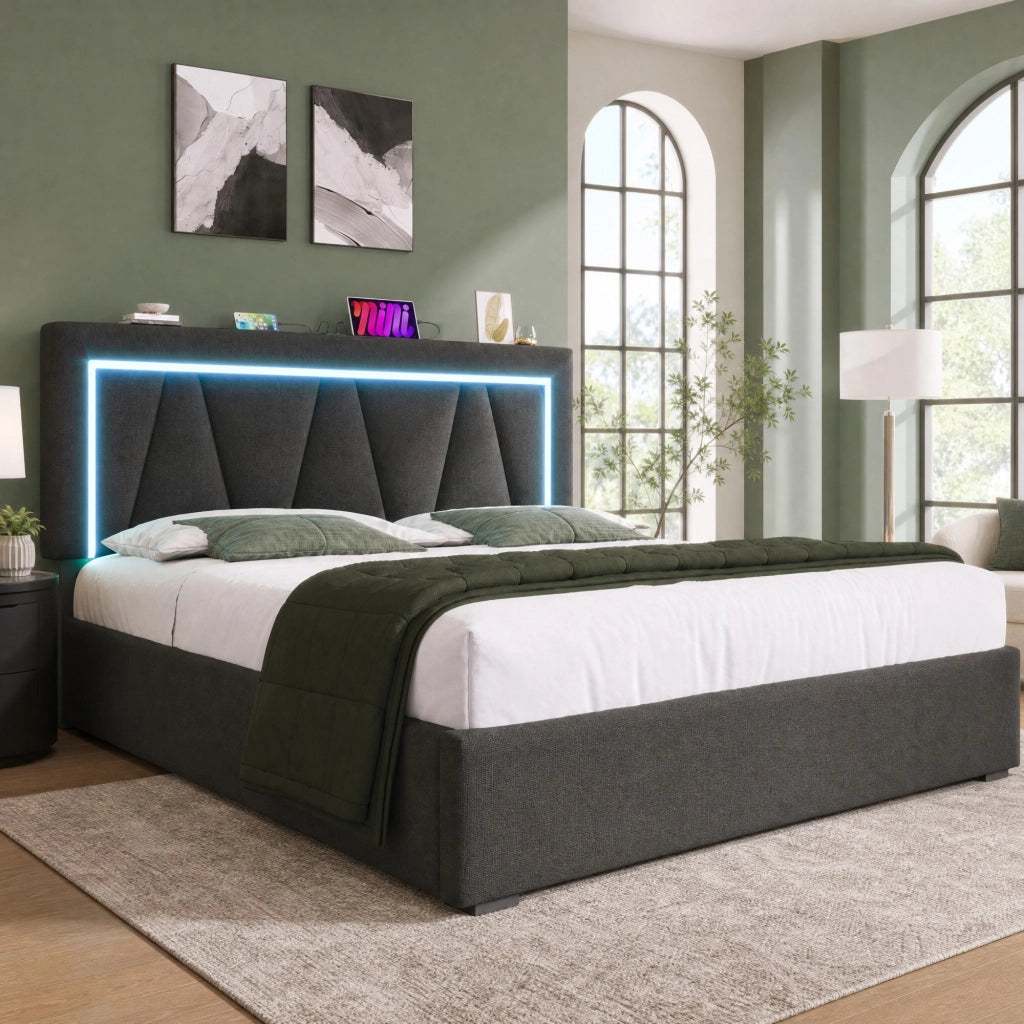 LETTO imbottito 140x200 cm in lino grigio con LED e USB Type-C