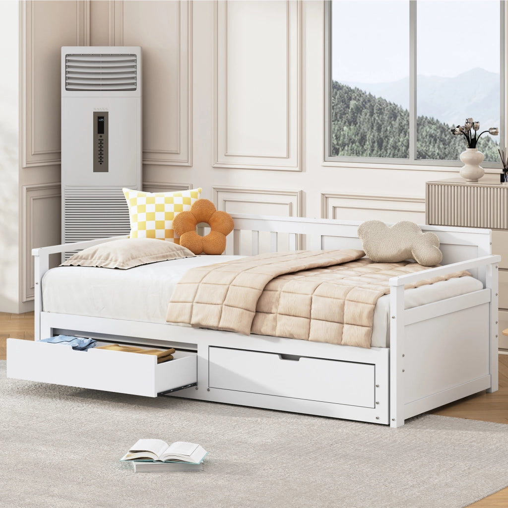 Letto estraibile con cassetti 90×190 cm e 180×190 cm; rete; senza materasso; legno; bianco