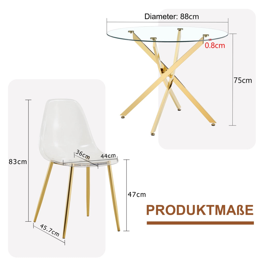 Set tavolo da pranzo e sedie con 1 tavolo rotondo e 4 sedie; vetro temperato; metallo e plastica oro trasparente
