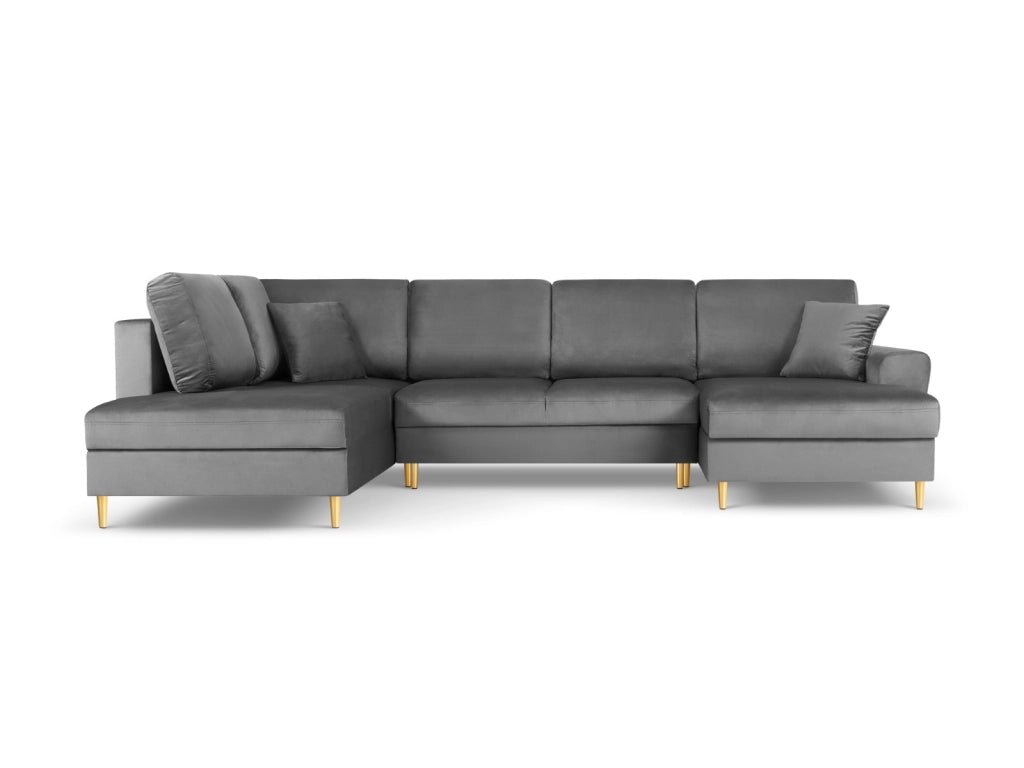 Cosmopolitan Design - Divano panoramico convertibile sinistro con contenitore "Kyoto" 7 posti in velluto grigio chiaro 