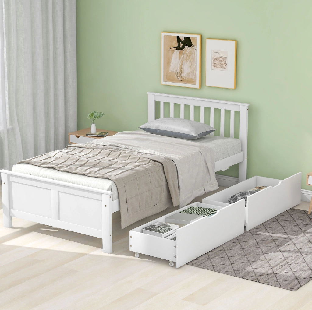Letto singolo in pino bianco 90x200 cm con 2 cassetti e rete a doghe