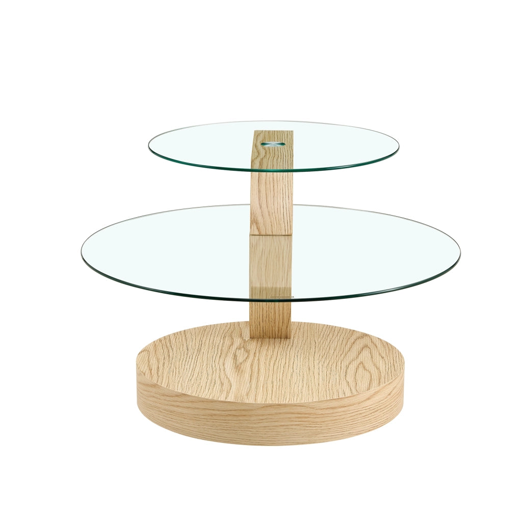 TAVOLINO da caffè a 2 livelli Ø50/70 cm Vetro Trasparente e MDF effetto legno