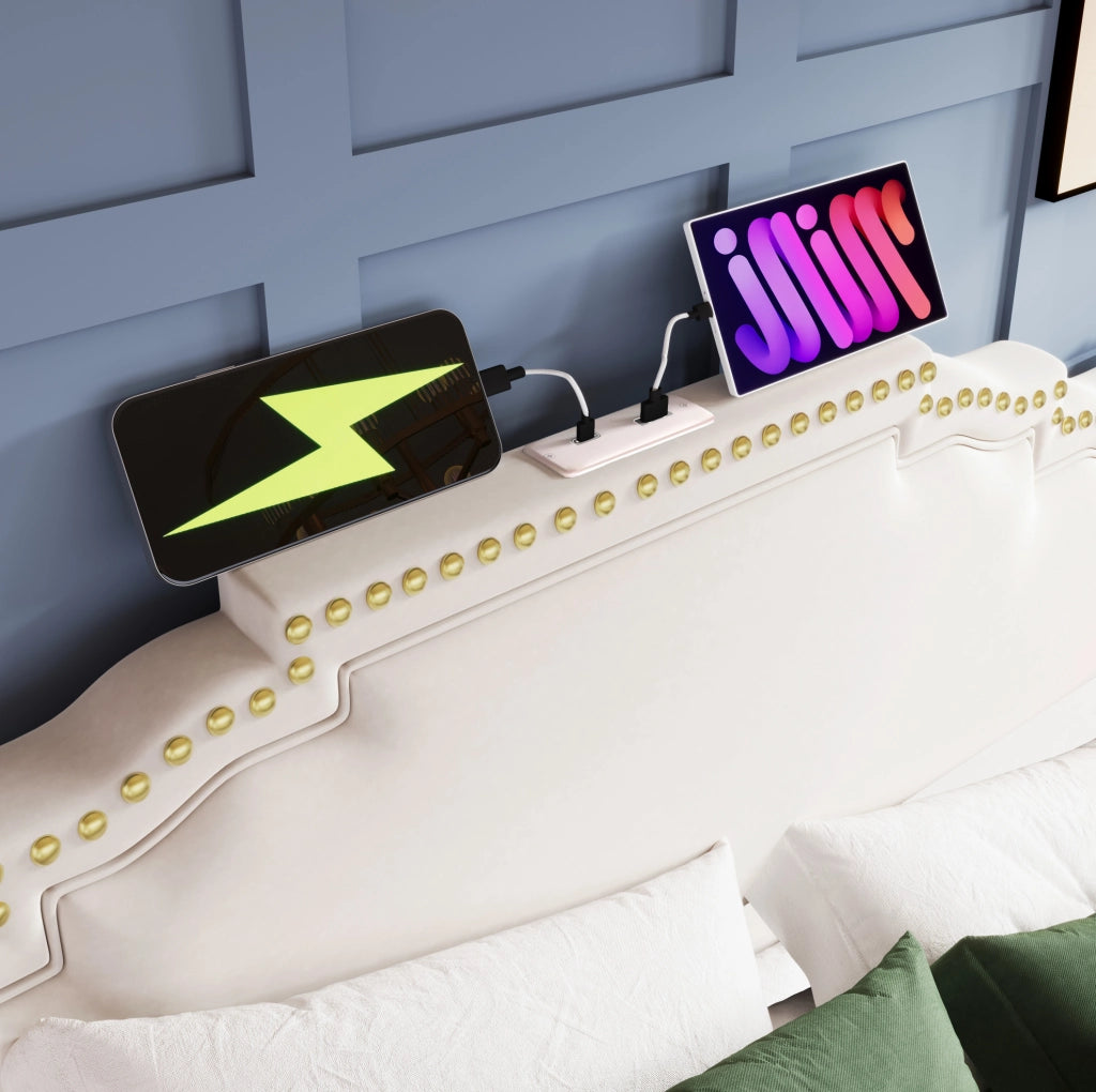 Letto matrimoniale 160x200 cm in velluto beige con LED; USB Type-C; 4 cassetti e materasso