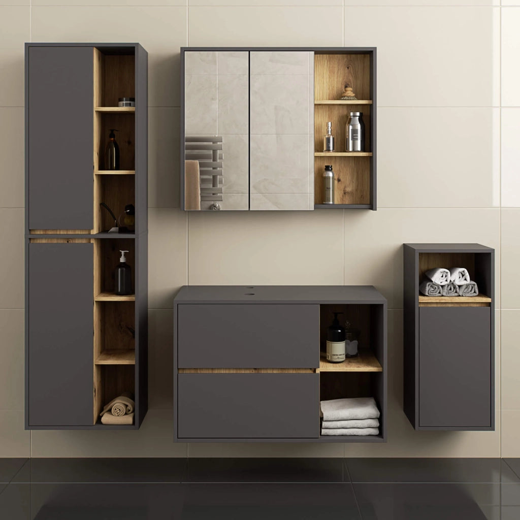 Mobile bagno senza lavabo VAMI sospeso Grigio Grafite, Rovere Artisan 90 cm 2 cassetti 90x45,5x60 cm