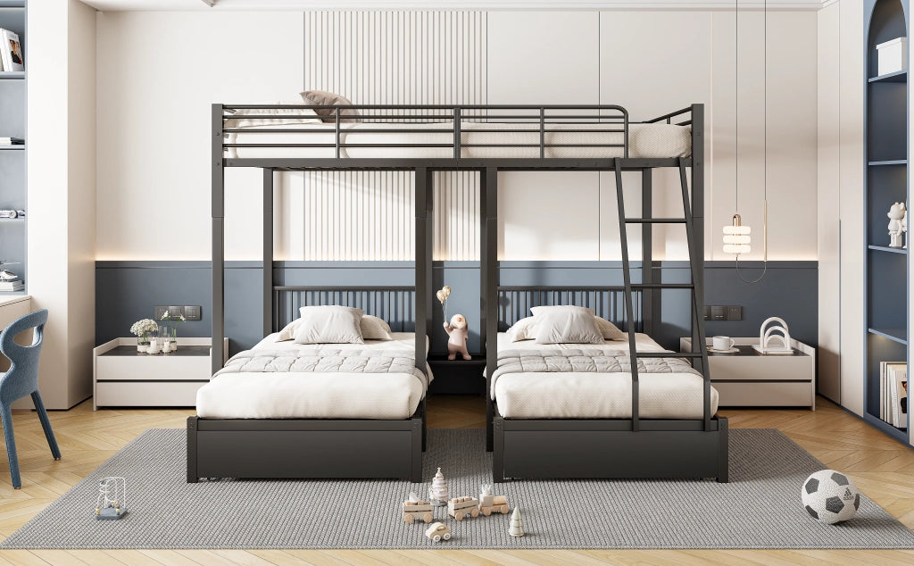 Letto a castello triplo con cassetti metallo nero 140x200 cm