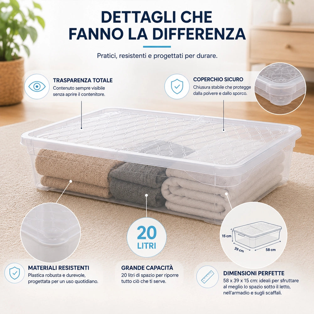 4 Pezzi Storage Box Marea Contenitori Sottoletto in Plastica 20L x 4Pz 58x39x15cm