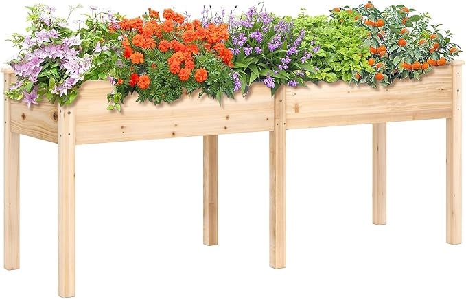 Fioriera da Giardino Rialzata, Letto da Giardino Elevato in Legno con Pannello Divisore, Fori di Drenaggio, Aiuola Rialzata per Piante, Fiori, Erbe e Verdure (Naturale)