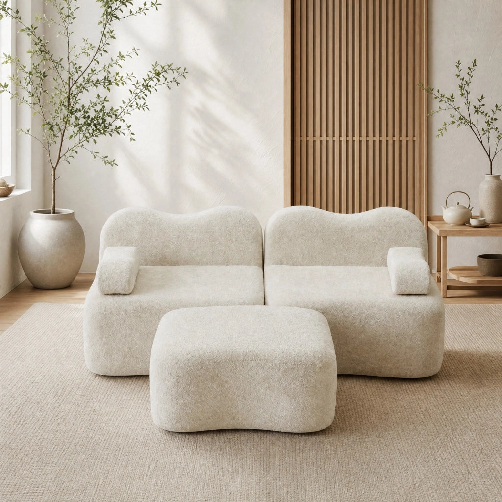 Divano modulare angolare a L 192x167x70 cm in velluto beige; con pouf; senza montaggio