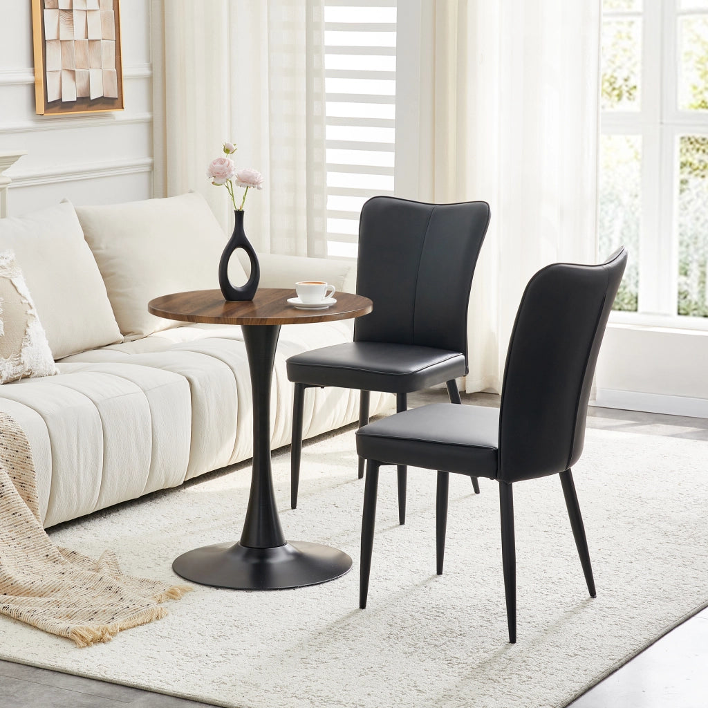 Set tavolo e sedie con 1 tavolo rotondo e 2 sedie; base centrale stabile; in MDF; metallo e PU nero e noce