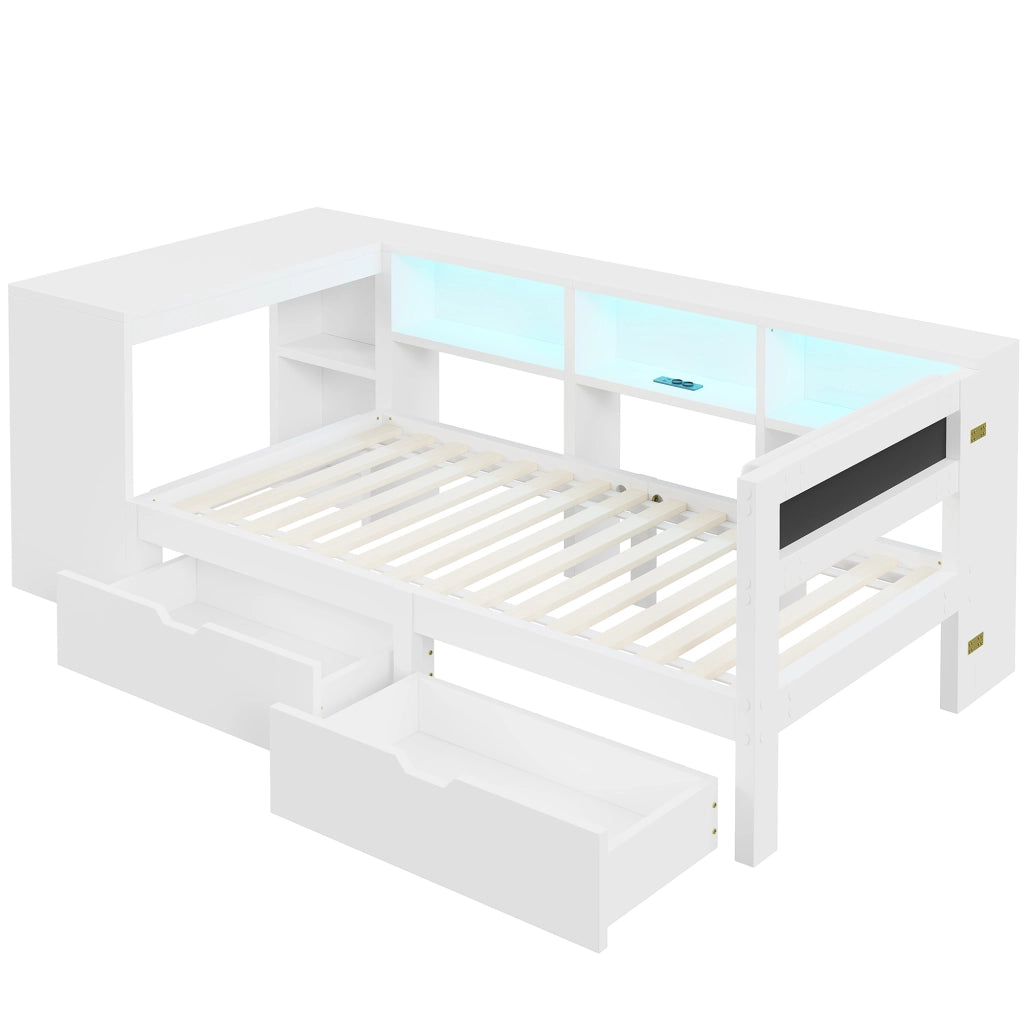 Letto singolo 90 × 200 cm con testiera imbottita, ripiani, 2 cassetti, USB, LED, senza materasso, bianco