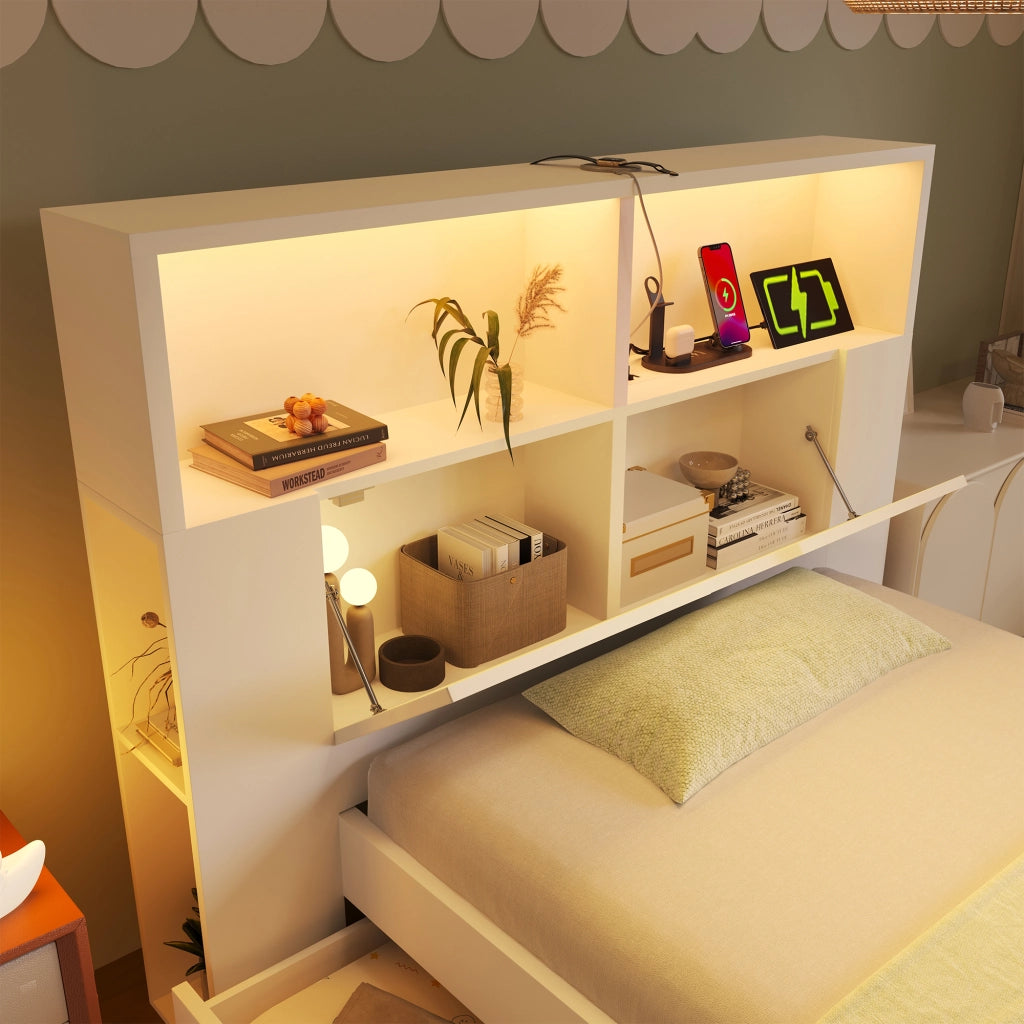 OKWISH Letto Singolo 90×200 cm con LED Regolabile, USB e Tipo C, 2 Cassetti, Mensole e Panca Contenitore, senza Materasso, Bianco