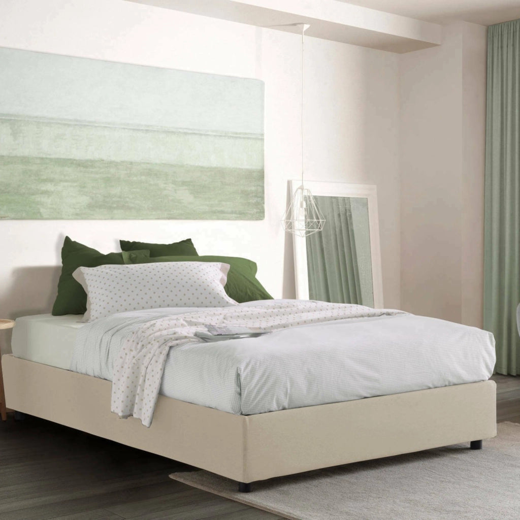 Letto matrimoniale Arto, Letto contenitore con rivestimento in tessuto, Made in Italy, Apertura frontale, con materasso cm 140x190 incluso, Beige