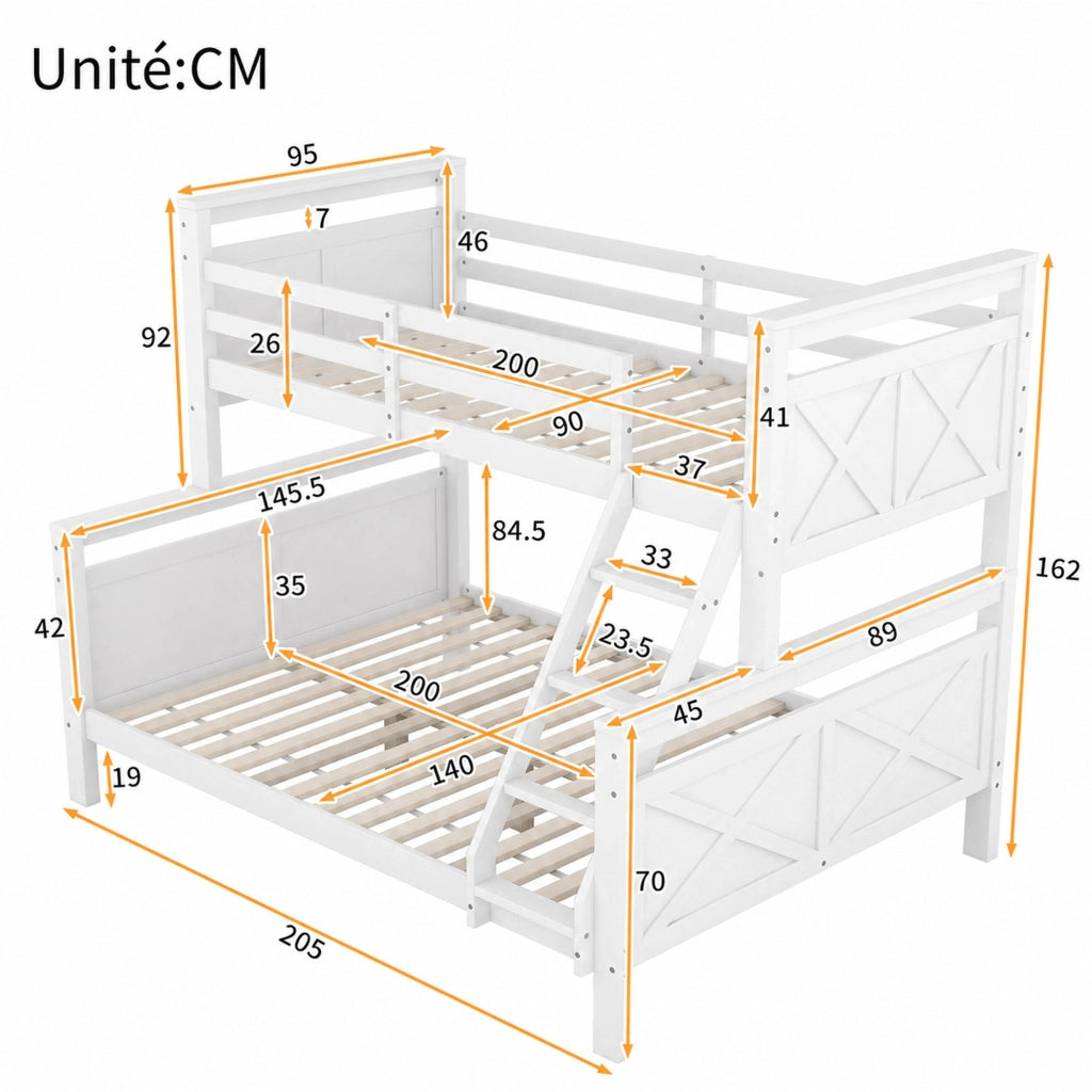 DESMIU Lit superposé 90 × 200 cm e 140 × 200 cm 2 posti con scala, senza materasso, in pino, bianco
