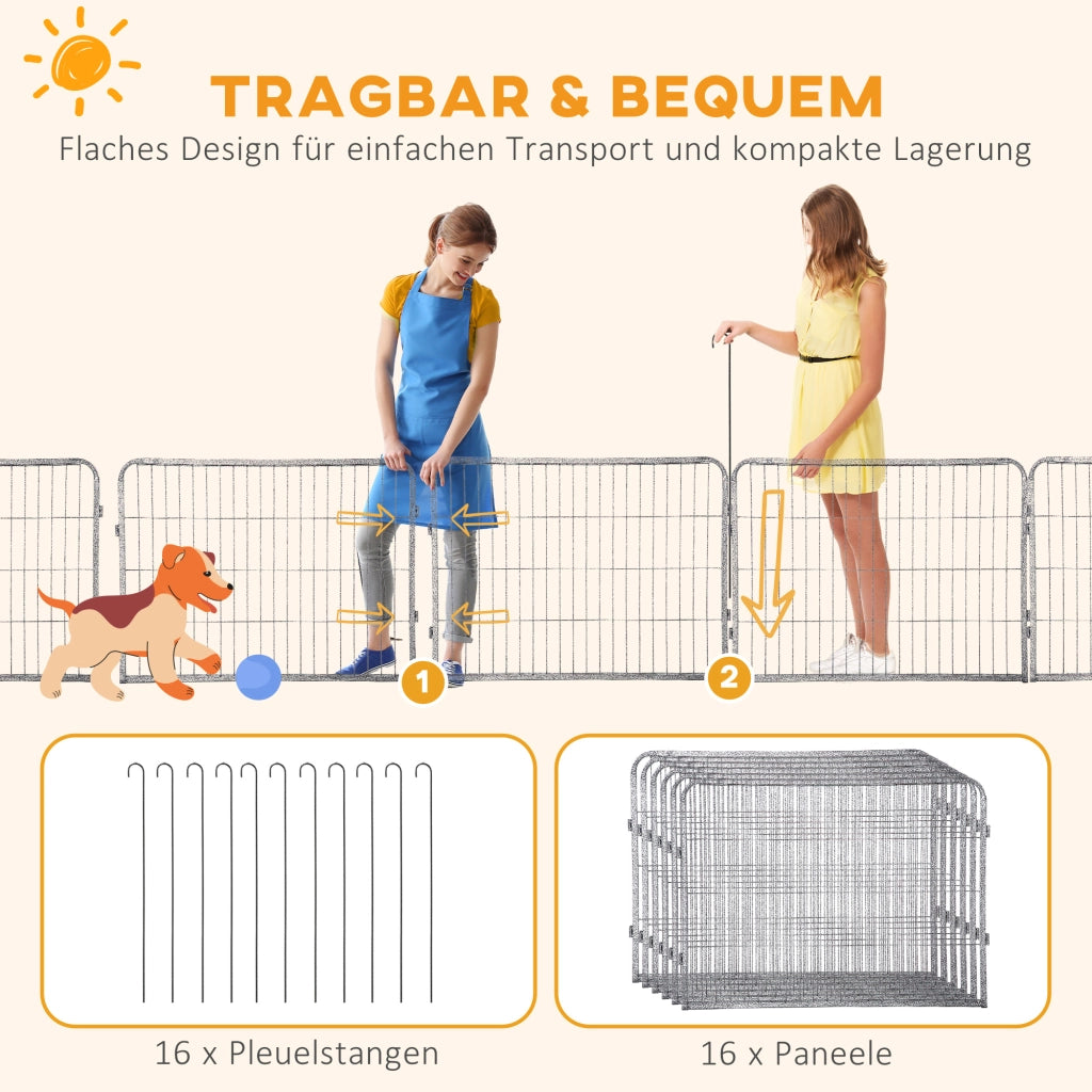Box per cuccioli, altezza 60 cm, 16 segmenti, box per animali domestici, cancelletto per cuccioli, box personalizzabile, con 2 porte, acciaio