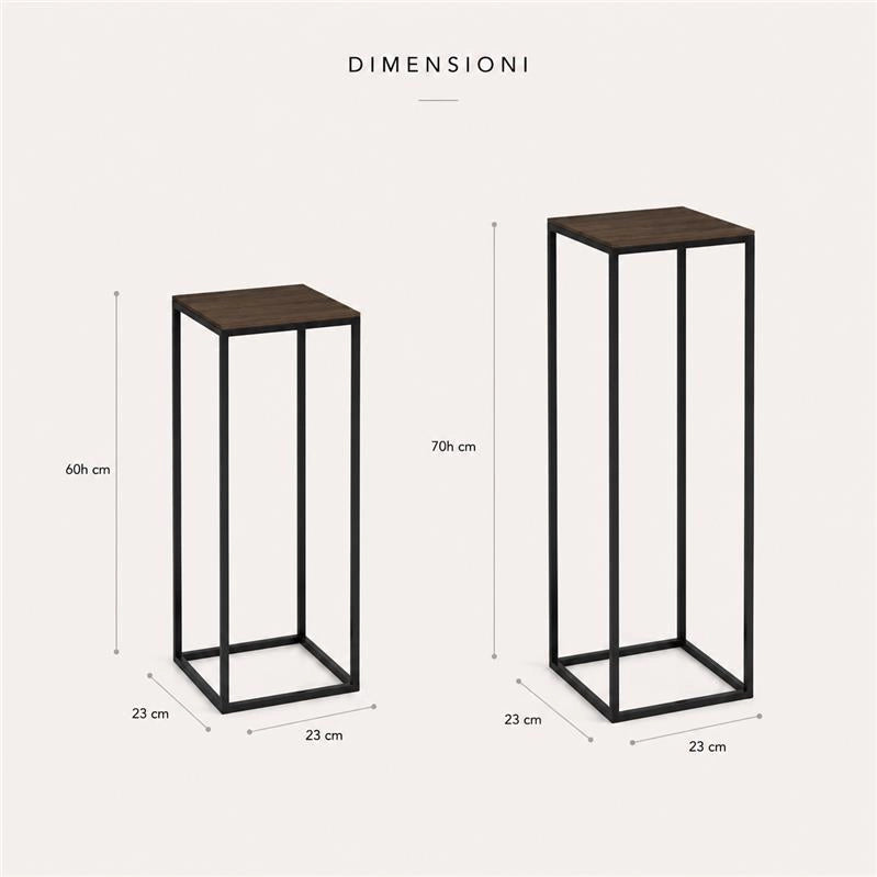 2 COLONNINE IN METALLO NERO MISURE 23X60CM E 27X70CM CON BASE IN MDF COLOR LEGNO
