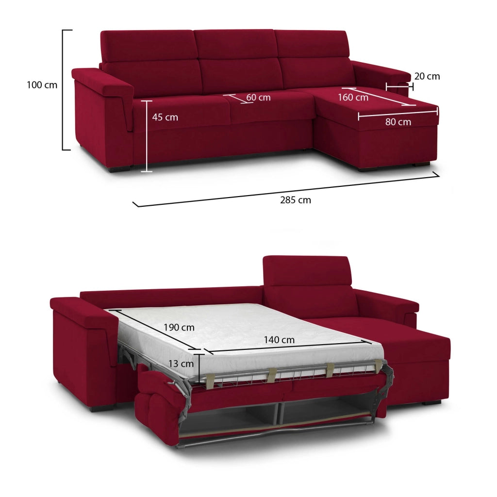 Esca, Divano Letto con Penisola Sfoderabile Made in Italy, 285x160 cm Rosso