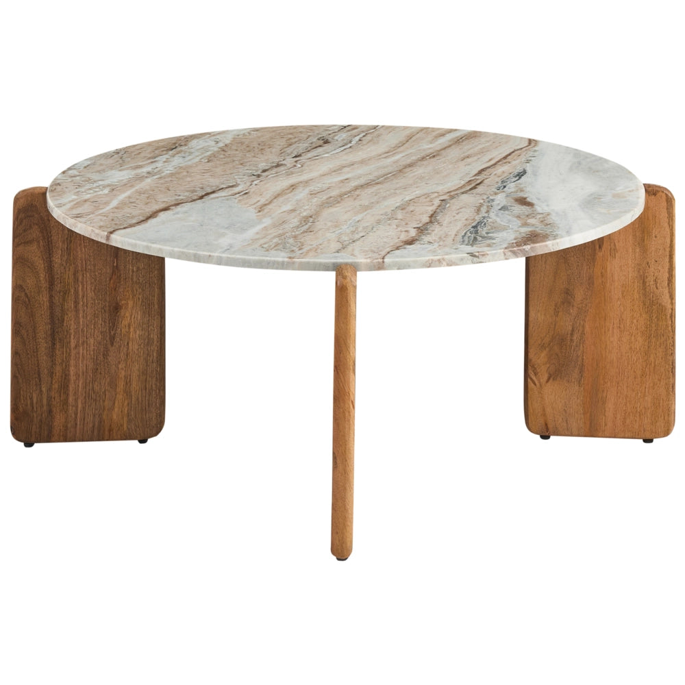 Tavolino con piano in marmo beige e gambe in legno di mango 80 cm stile moderno rotondo soggiorno