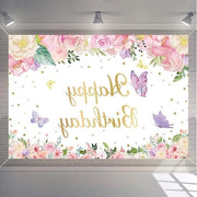 Decorazione di festa per bambine, banner di stoffa con poster di fiori e farfalle, 1°, 2°, 3°, 4°, 5°, 6°, 10° compleanno, benvenuto, 150 cm x 90 cm