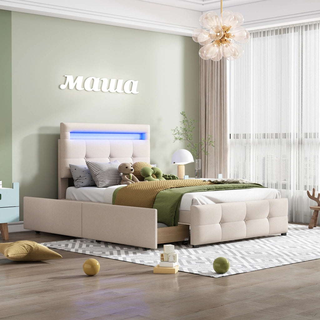 Letto singolo 90×200 cm con 2 cassetti; LED e rete; senza materasso; imbottito; beige