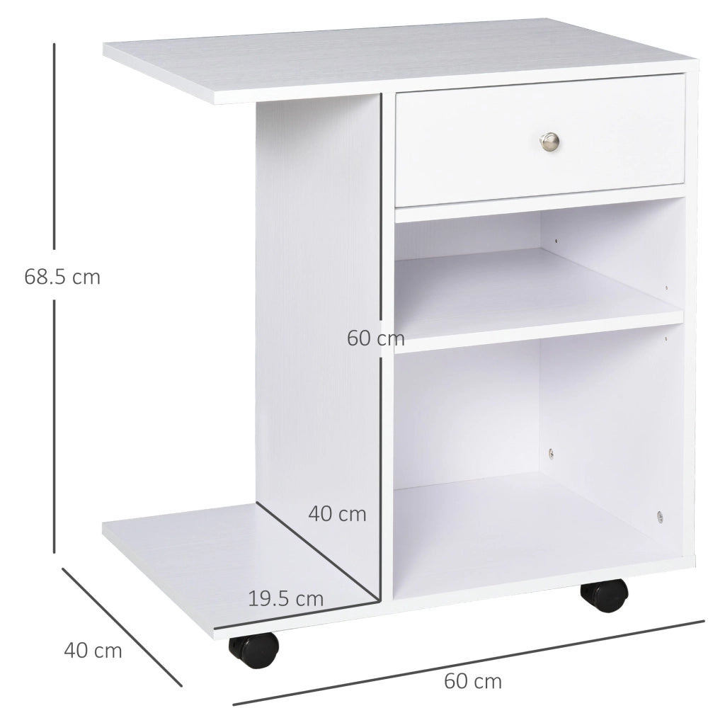 Mobiletto per Stampante con 4 Ruote Mensola Regolabile e Piano per CPU  in Legno Bianco