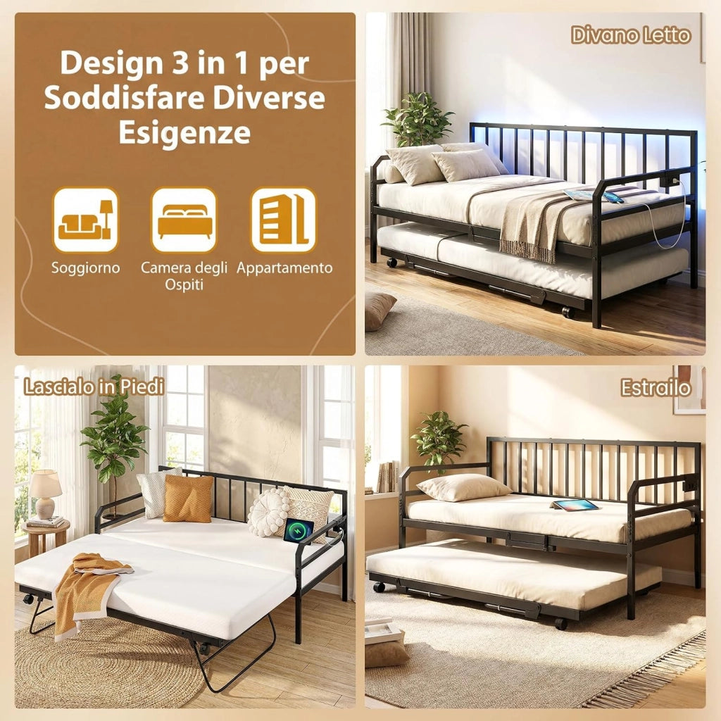 Letto Estraibile, Divano Letto Singolo con Luci LED e Stazione di Ricarica, Lettino Matrimoniale con Struttura in Metallo, 2 Pz 90x200 cm, per Soggiorno e Camera da Letto (Nero)