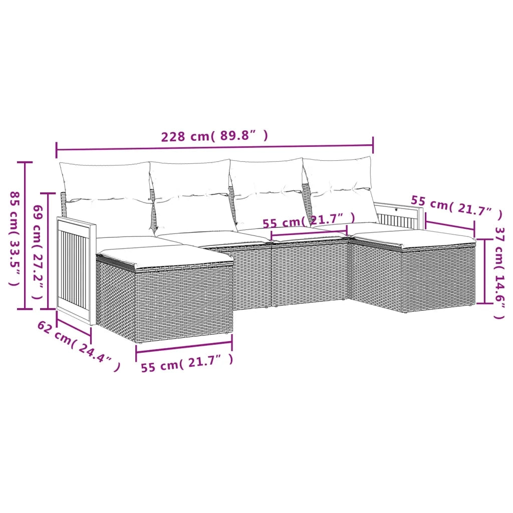 Set Divano da Giardino 6 pz con Cuscini Grigio in Polyrattan