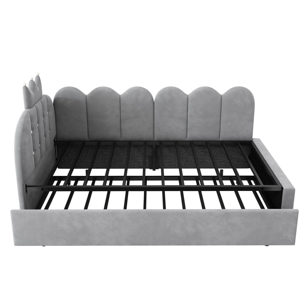 Divano letto con letto estraibile 90x200 cm, velluto grigio, design a corona, L reversibile