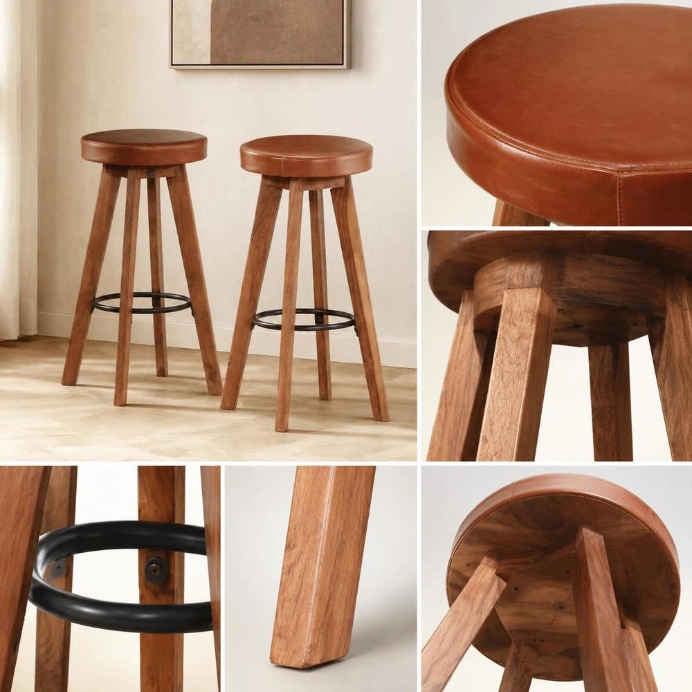 Bar Stools, 2 Pieces. Genuine Leather And Solid Acacia Wood.