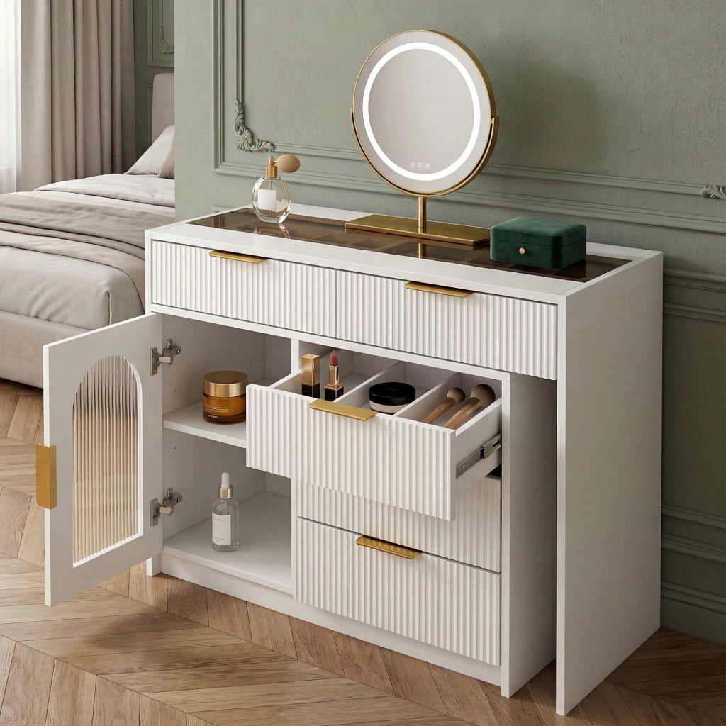 Toeletta allungabile con specchio LED e piano in vetro temperato, cassetti organizzati, bianco 75 × 90-160 × 40 cm