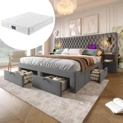 LETTO imbottito 160x200 cm in velluto grigio con materasso incluso, 2 comodini e 4 cassetti