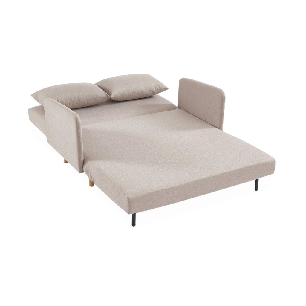 Divano letto clic-clac in tessuto con gambe in legno, 2 posti, beige