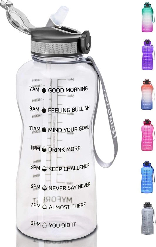 Ottimizzante borraccia con maniglia e chiusura ermetica, 2200 ml borraccia con indicatore di tempo, 2,2 l serbatoio per acqua per tutti gli obiettivi di fitness, trasparente nero