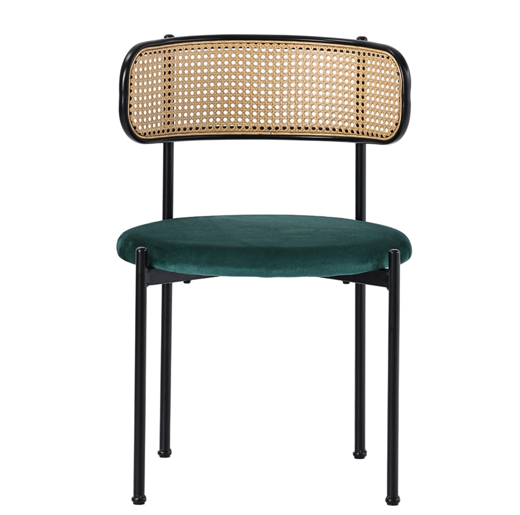 Set di 4 sedie da pranzo in velluto verde con schienale in rattan e gambe in metallo