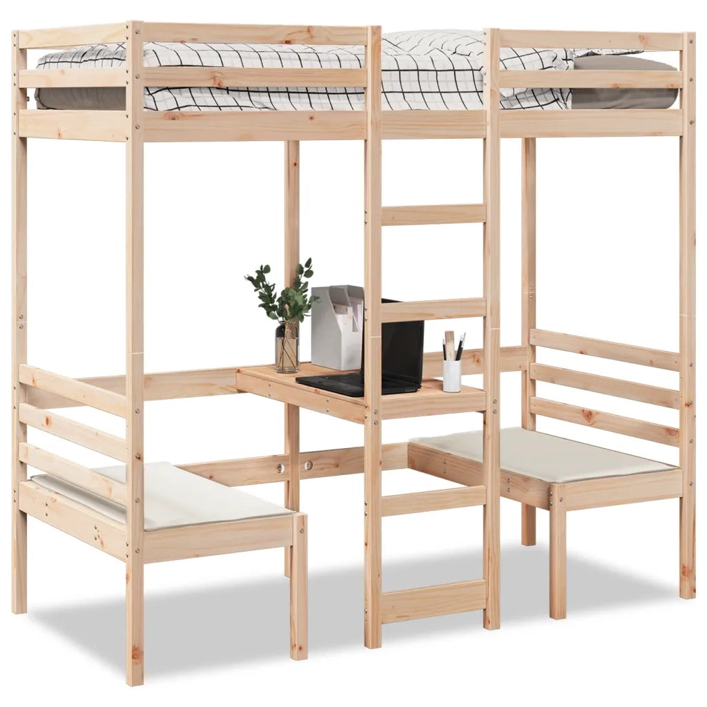 Letto singolo | Letto per adulti | Giroletto Soppalco con Scrivania e Sedie 75x190cm Legno Pino