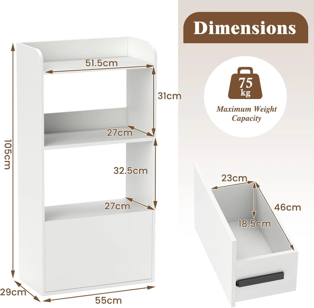 Libreria a 3 ripiani aperti e 1 cassetto, libreria in legno con kit antiribaltamento, 55 x 29 x 105 cm, scaffale per soggiorno, ufficio, camera da letto (bianco)