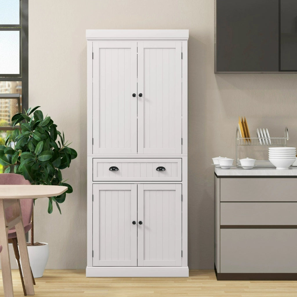 Mobile dispensa da cucina alto 183cm con ripiani regolabili 2 ante e cassetto-Mobile credenza da soggiorno Bianco