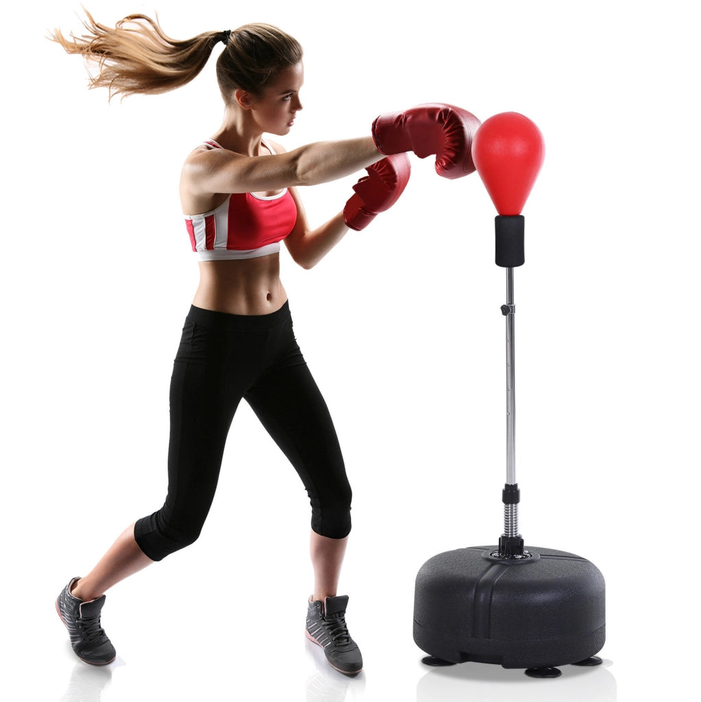 Punchingball con supporto regolabile in altezza 136-154 cm, con guantoni da boxe, rosso