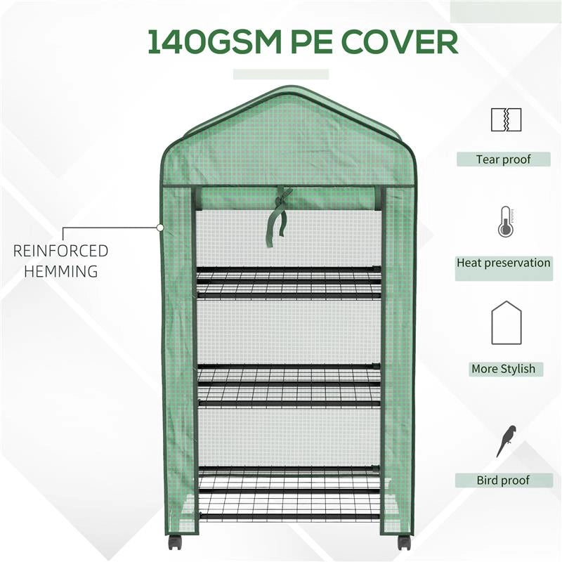 MINI SERRA DA GIARDINO CON COPERTURA IN PE, 3 RIPIANI E RUOTE, 69X49X130CM, VERDE