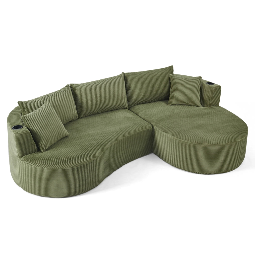 Divano 3 Posti con Chaise Longue Angolare ¨C MINIMAL ¨C Tessuto a Coste Verde con Cuscini