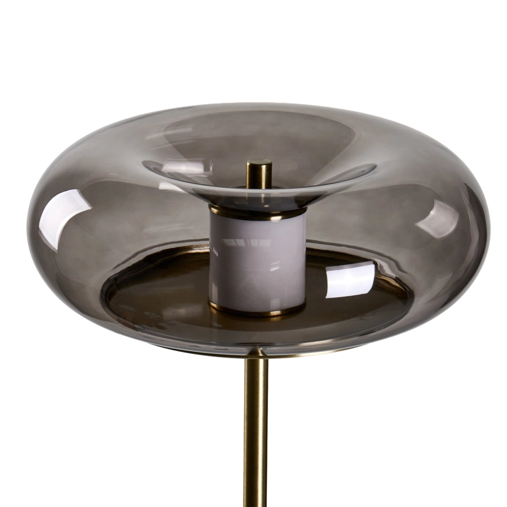 Lampada da terra a LED con paralume ovale in vetro grigio e base in metallo con dimmer, stile retrò