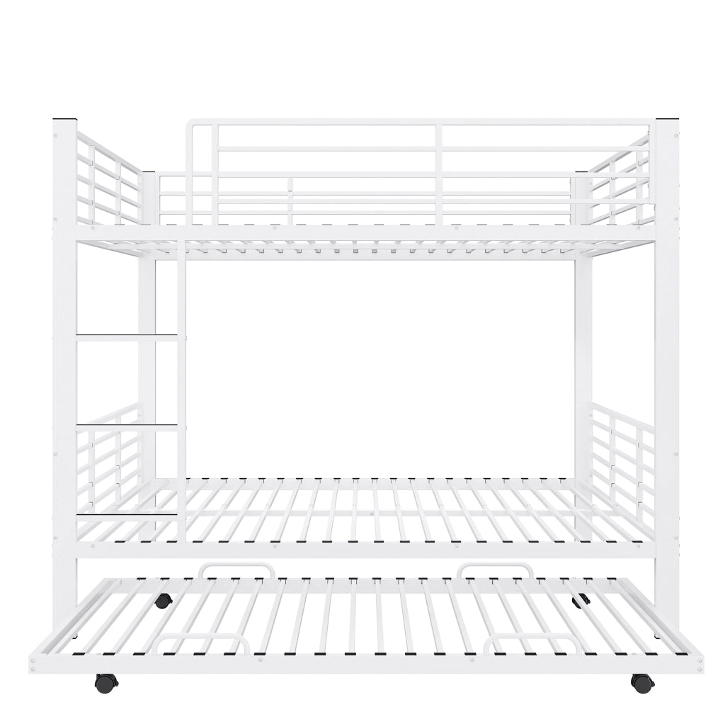 Letto a castello 205x145x170 cm per 3 persone con letto estraibile e barriera di sicurezza in metallo bianco opaco