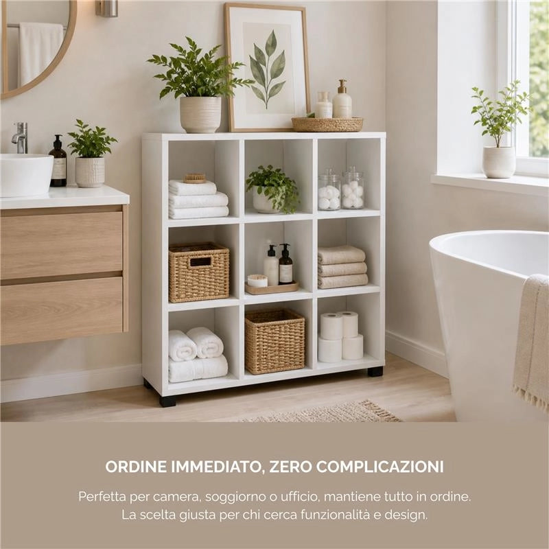 LIBRERIA CUBICA IN LEGNO BIANCO MODERNA CON 9 RIPIANI DIMENSIONI  90X24X99 CM