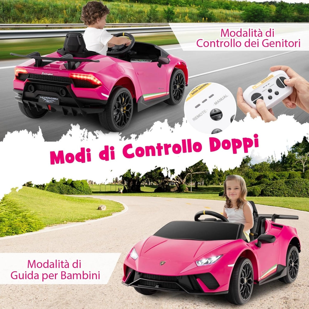 12V Lamborghini Auto Elettrica per Bambini, Macchina Elettrica Cavalcabile con Telecomando, Luci LED Musica e Funzione di Avvio Lento, 3-5 Km/h, per Bambini 3 Anni+ (Rosa)