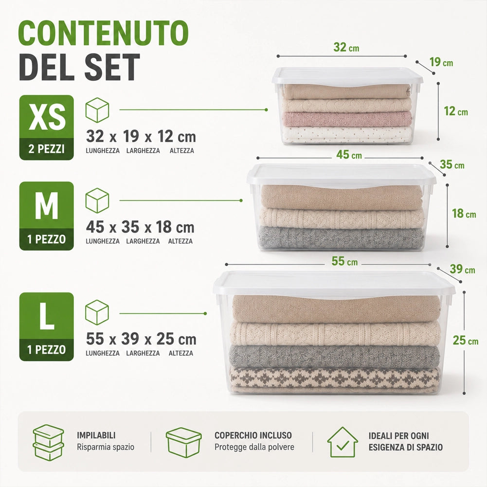 Set 4 Pezzi Contenitori con Coperchio Spring Box 1L + 1M + 2XS in Plastica Bianco Trasparente